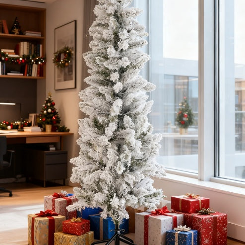 HKM-161619 Slim Prelit Christmas Tree with 250 Warm White Lights and Foldable Metal Stand in Multiple Sizes