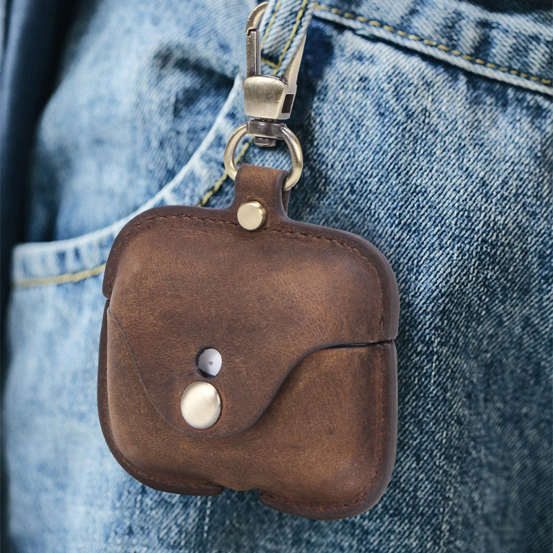 HKM-161683 Leather Clamshell Case for AirPods Pro - Vintage Crazy Horse Pattern in Brown and Royal Blue