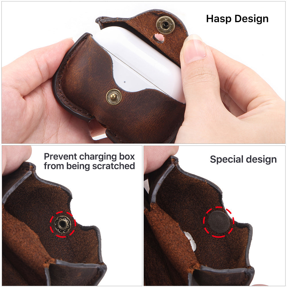HKM-161683 Leather Clamshell Case for AirPods Pro - Vintage Crazy Horse Pattern in Brown and Royal Blue