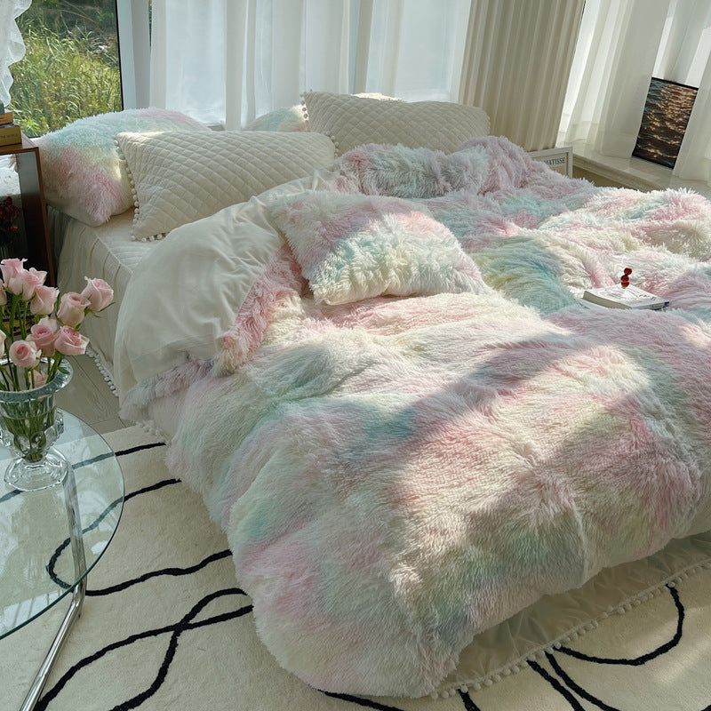 HKM-161811 Milk Fiber Coral Velvet Winter Bed Set - Four-Piece Plush Fleece-Lined Quilt Cover with Bed Skirt