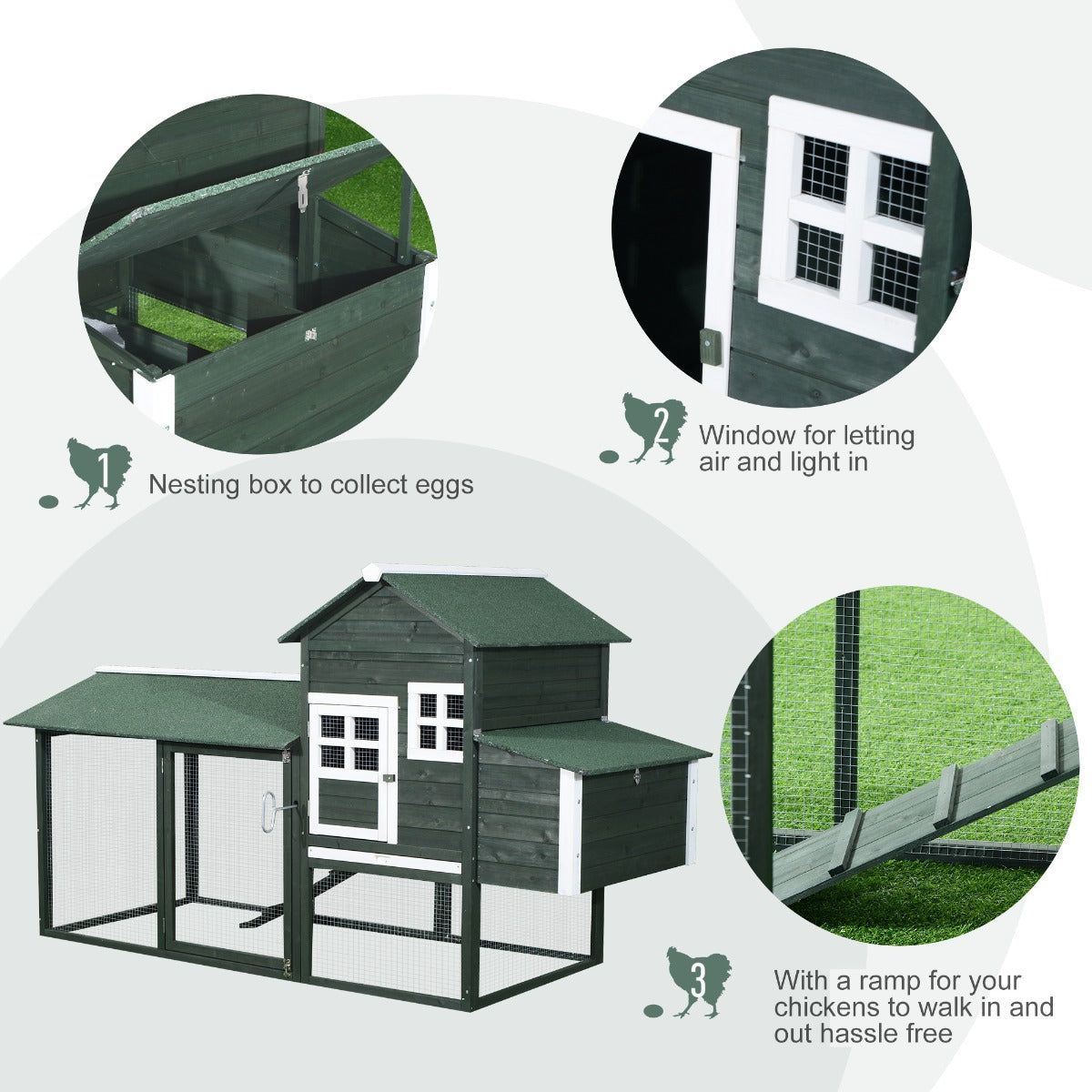 HKM-1625789 Spacious Wooden Chicken Coop with Covered Run and Nesting Box for Outdoor Use