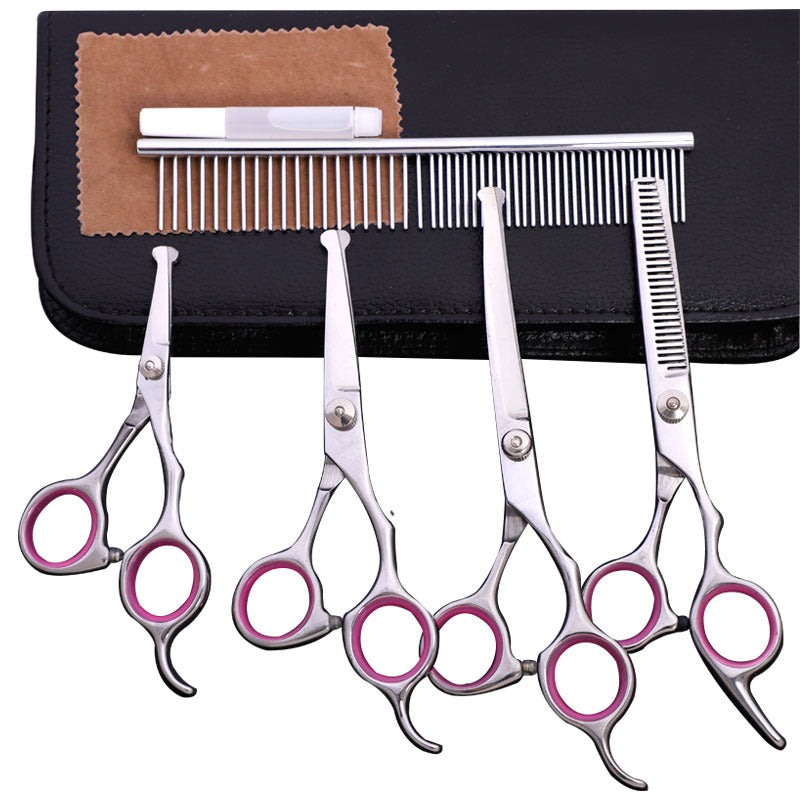 HKM-1625917 Stainless Steel Pet Trimming Shears Set with Accessories - 8 Pieces Including Comb and Leather Case