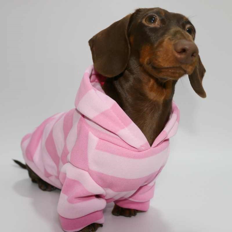 HKM-1626557 Cozy Pink Striped Hooded Sweater for Pets - Autumn and Winter Warmth