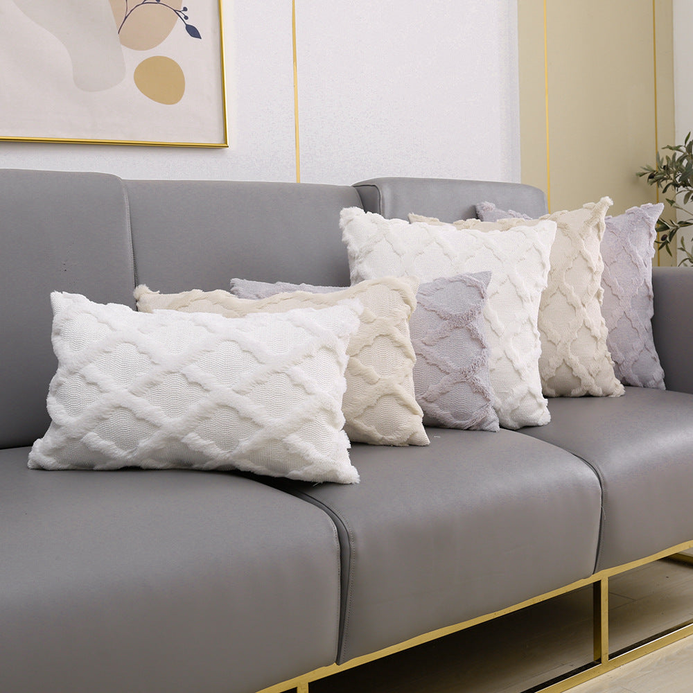 HKM-162707 Plush Embroidered Diamond Pillow Cover in White, Gray, and Apricot - Modern Simple Design, 45x45 & 30x50 cm