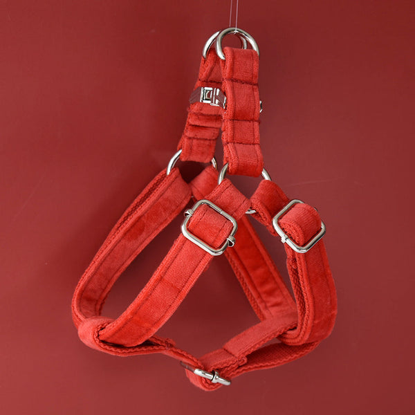 HKM-1627197 Red Flannel Adjustable Dog Harness with Gold Buckle and Matching Leash