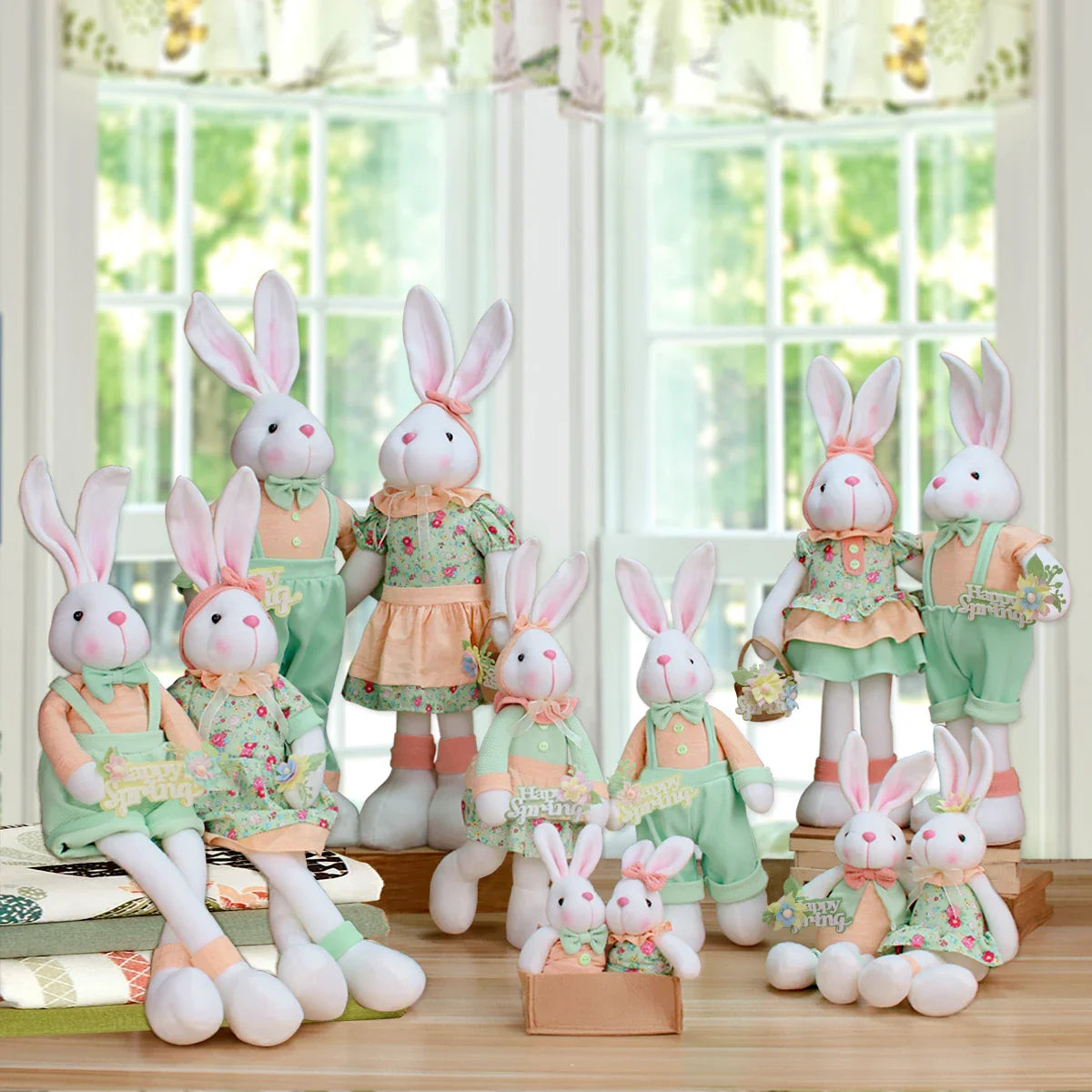 HKM-163091 Cute Sitting Rabbit Toy with Flower Basket - Spring Garden Style Plush Home Decoration