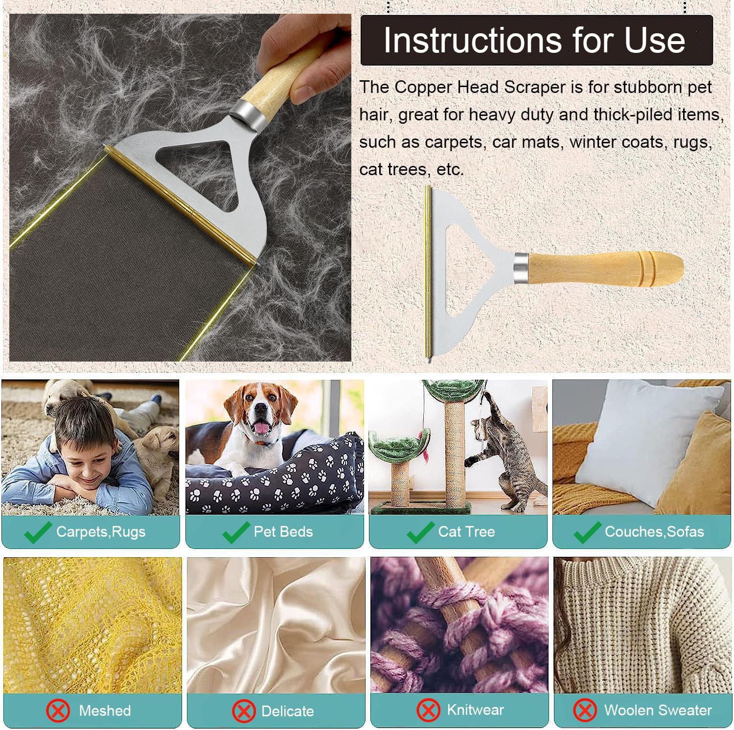 HKM-1635133 Triple Pet Hair Remover Set - Reusable Lint Brush and Carpet Scraper for Easy Cleaning of Furniture, Clothes, and Car Interiors