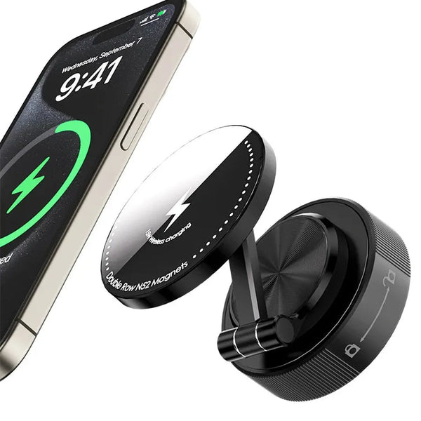 HKM-163539 Foldable Magnetic Wireless Charger with Strong Magnets for iPhone 15 and 16 - Slim Car Phone Holder