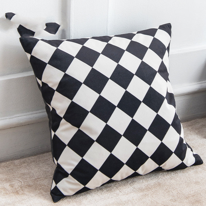 HKM-163539 Modern Black and White Geometric Velvet Pillow - Stylish Cushion with PP Cotton Filling, Multiple Sizes Available