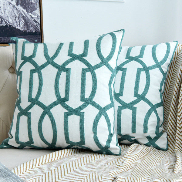 HKM-163603 Lake Water Green Cotton Canvas Geometric Wool Embroidery Pillowcase 45x45cm