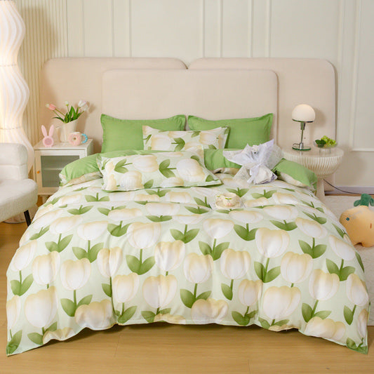 HKM-163795 Aloe Cotton Four-Piece Bedding Set with Floral and Plant Pattern, Multiple Sizes Available