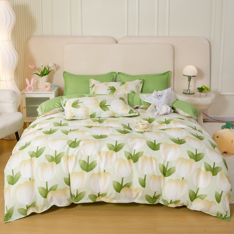 HKM-163795 Aloe Cotton Four-Piece Bedding Set with Floral and Plant Pattern, Multiple Sizes Available