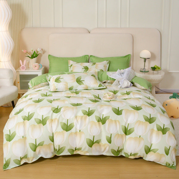 HKM-163795 Aloe Cotton Four-Piece Bedding Set with Floral and Plant Pattern, Multiple Sizes Available