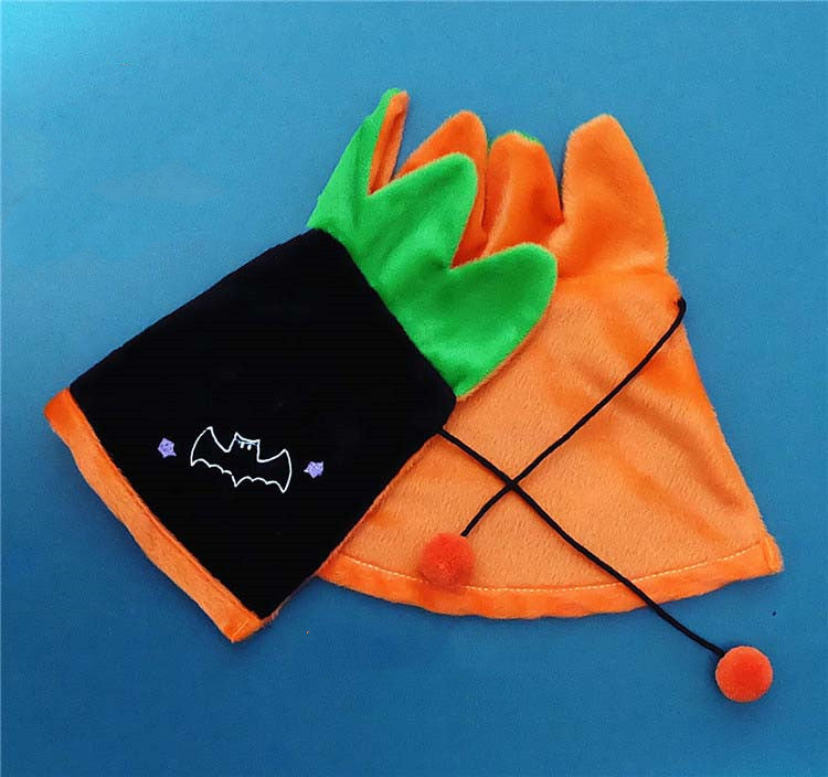 HKM-1641021 Halloween Pumpkin Double-Sided Cape & Hat Set for Dogs and Cats, Orange-Black Cloak, One Size Suitable for Small Pets