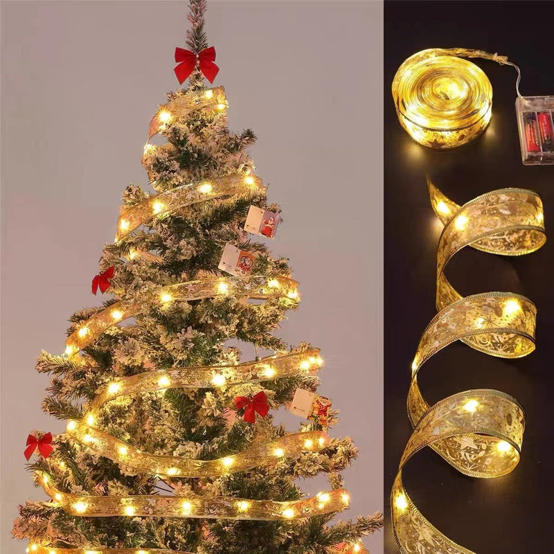 HKM-164243 Battery-Powered LED Christmas Light String with Silver, Gold, and Red Silk Decorations, Available in Multiple Lengths