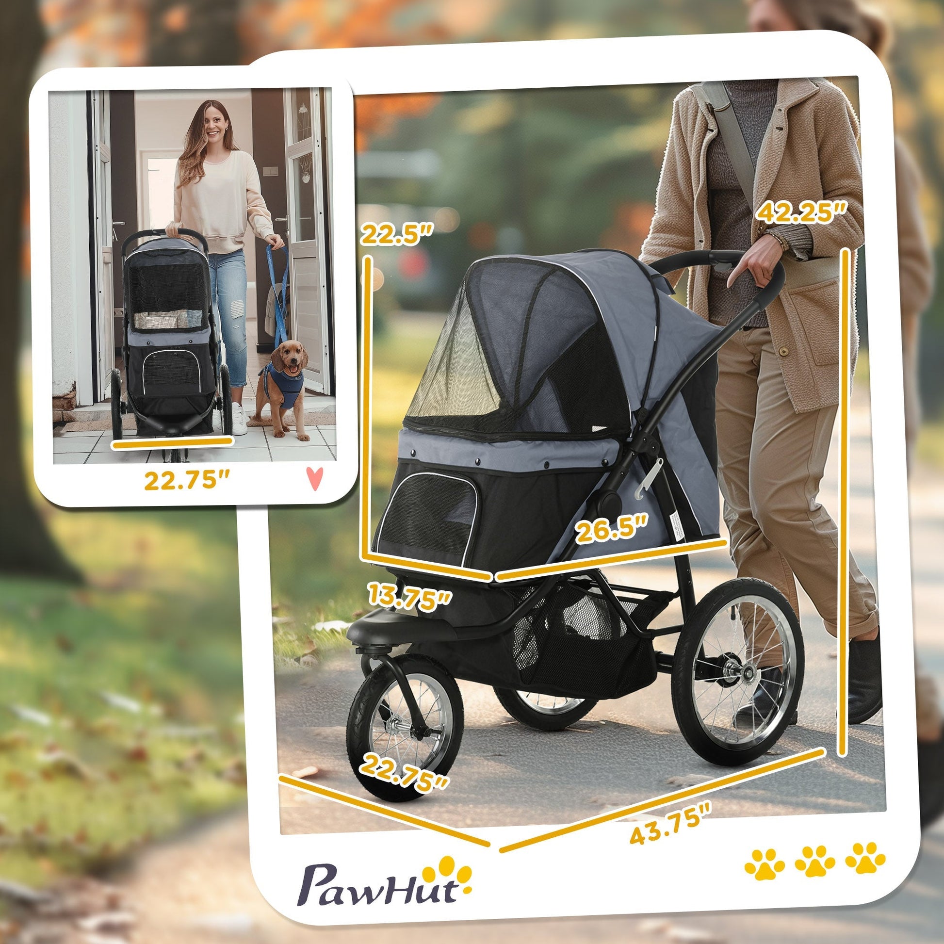 HKM-1644861 Gray 3-Wheel Pet Stroller for Small to Medium Dogs with Adjustable Canopy and Storage Basket