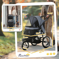HKM-1644861 Gray 3-Wheel Pet Stroller for Small to Medium Dogs with Adjustable Canopy and Storage Basket