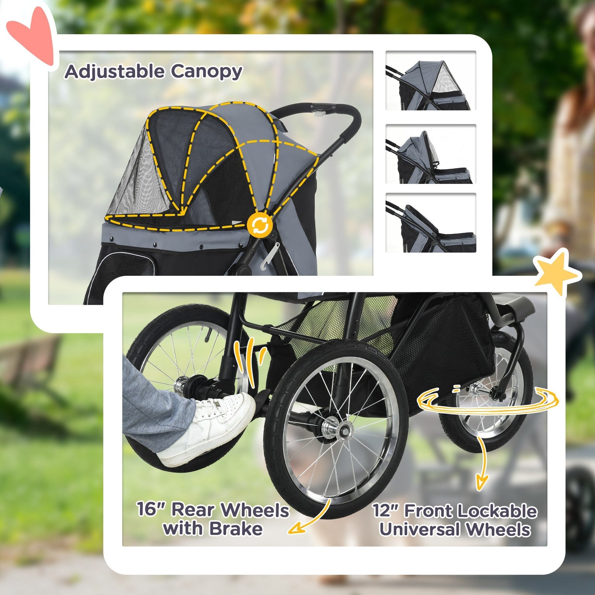 HKM-1644861 Gray 3-Wheel Pet Stroller for Small to Medium Dogs with Adjustable Canopy and Storage Basket
