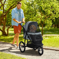HKM-1644861 Gray 3-Wheel Pet Stroller for Small to Medium Dogs with Adjustable Canopy and Storage Basket