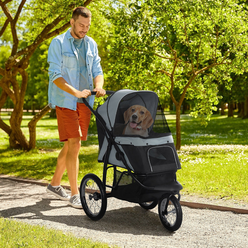HKM-1644861 Gray 3-Wheel Pet Stroller for Small to Medium Dogs with Adjustable Canopy and Storage Basket