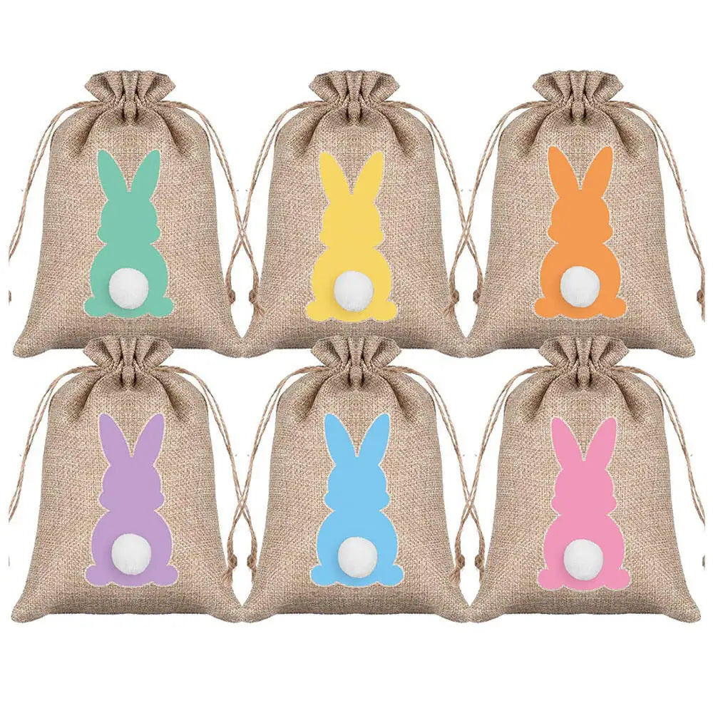 HKM-164627 Easter Burlap Gift Bags - 24pc Drawstring Rabbit Candy Treat Sacks for Party Favors