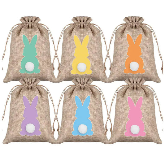 HKM-164627 Easter Burlap Gift Bags - 24pc Drawstring Rabbit Candy Treat Sacks for Party Favors