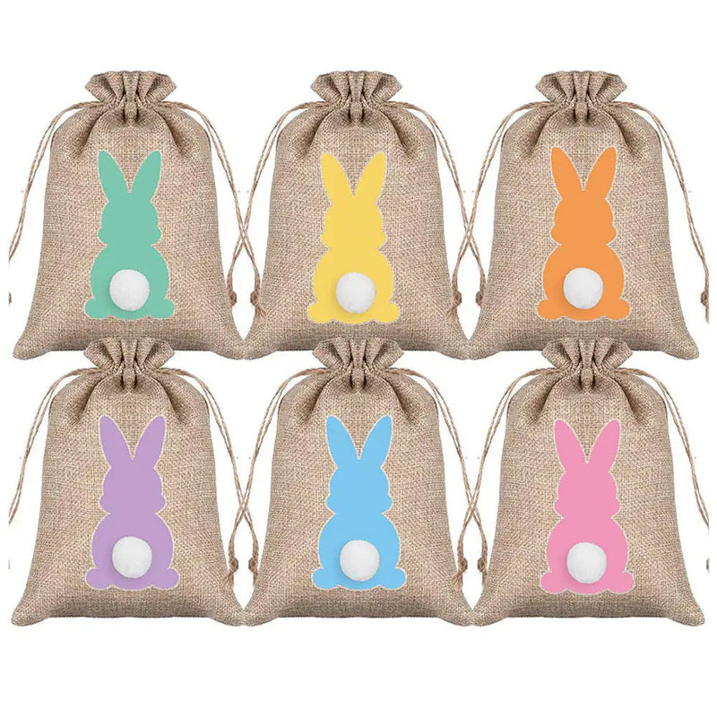 HKM-164627 Easter Burlap Gift Bags - 24pc Drawstring Rabbit Candy Treat Sacks for Party Favors