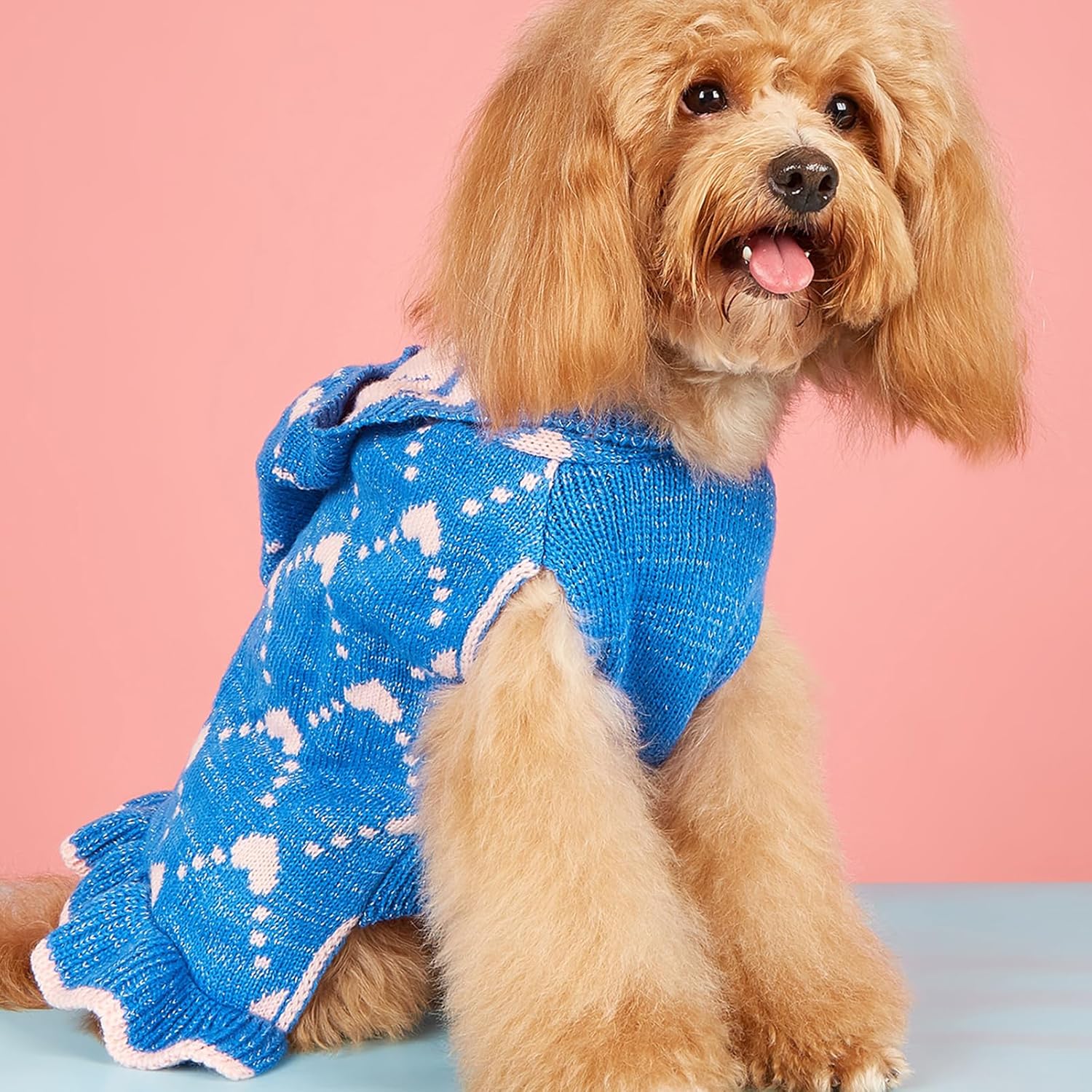 HKM-1647165 Cute Winter Knit Small Dog Sweater Hoodie with Heart Design