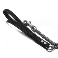 HKM-1648957 Stainless Steel Cuban Link Chain Dog Leash with Black Leather Handle, 60cm & 100cm Length Options