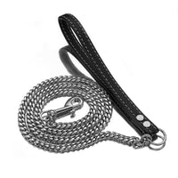 HKM-1648957 Stainless Steel Cuban Link Chain Dog Leash with Black Leather Handle, 60cm & 100cm Length Options