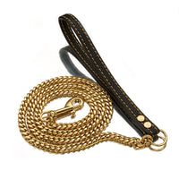 HKM-1648957 Stainless Steel Cuban Link Chain Dog Leash with Black Leather Handle, 60cm & 100cm Length Options
