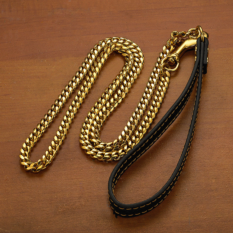 HKM-1648957 Stainless Steel Cuban Link Chain Dog Leash with Black Leather Handle, 60cm & 100cm Length Options