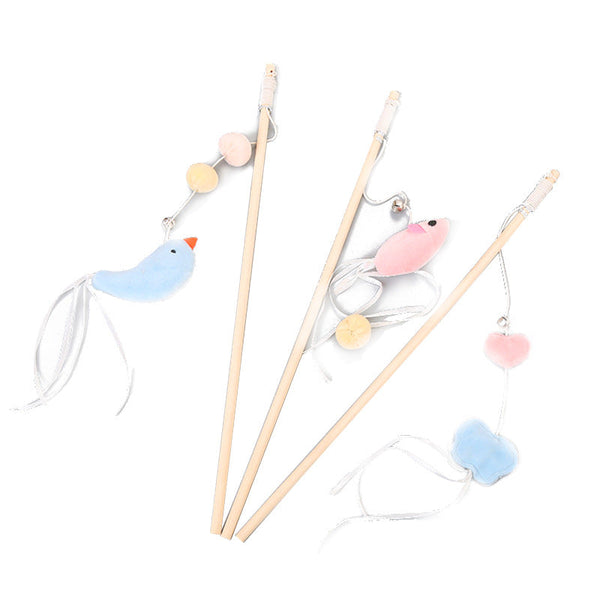 HKM-1652413 Funny Cat Stick with Flexible Elastic Rope and Bird Bell - Lightweight Wooden Toy for Playtime Fun