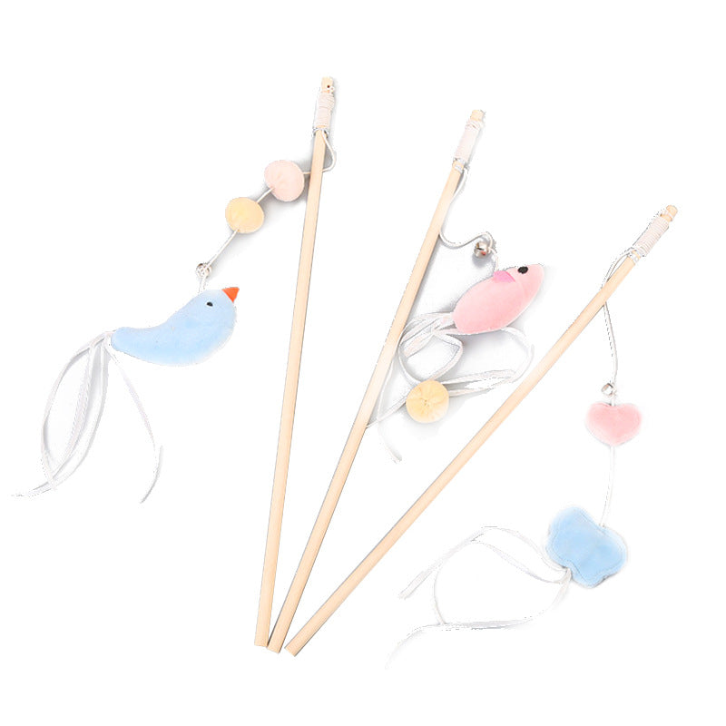 HKM-1652413 Funny Cat Stick with Flexible Elastic Rope and Bird Bell - Lightweight Wooden Toy for Playtime Fun