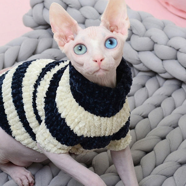 HKM-1652925 Warm Cotton Sweater for Hairless Cats in Navy, Pink, and Blue Stripes