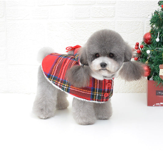HKM-1653309 Cozy Christmas Red Knitted Turtleneck Dog Sweater with Cape and Hat