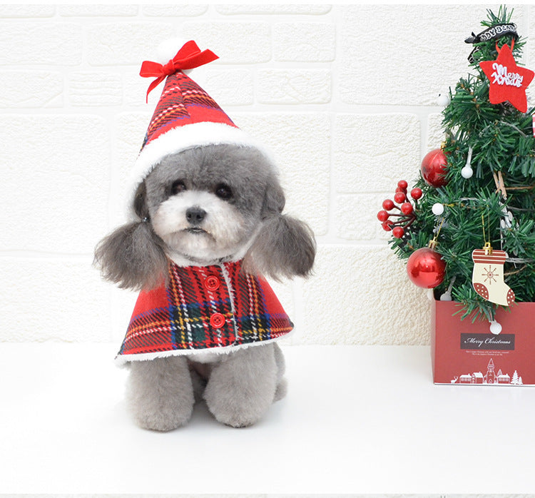 HKM-1653309 Cozy Christmas Red Knitted Turtleneck Dog Sweater with Cape and Hat