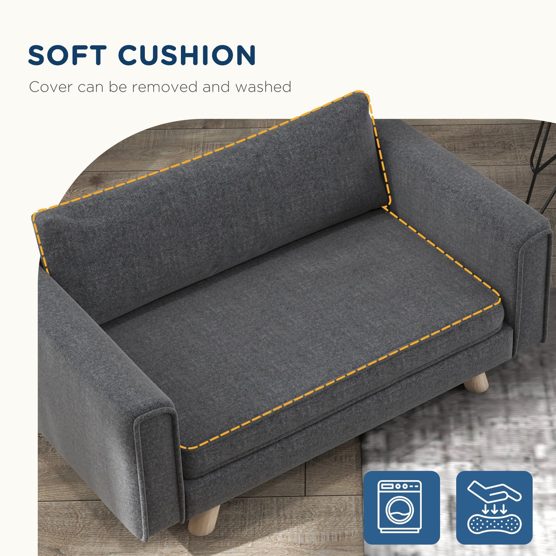 HKM-1653565 Cozy Raised Dog Sofa with Removable Cushion and Stable Wood Legs