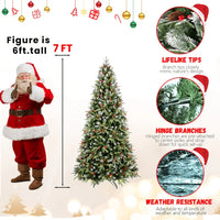HKM-165395 7ft Artificial Christmas Tree with LED Warm White Lights and Red Pine Cone Accents, Hinged Foldable Base