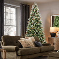 HKM-165395 7ft Artificial Christmas Tree with LED Warm White Lights and Red Pine Cone Accents, Hinged Foldable Base
