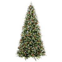 HKM-165395 7ft Artificial Christmas Tree with LED Warm White Lights and Red Pine Cone Accents, Hinged Foldable Base