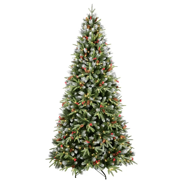 HKM-165395 7ft Artificial Christmas Tree with LED Warm White Lights and Red Pine Cone Accents, Hinged Foldable Base