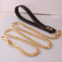 HKM-1654717 Gold Stainless Steel Full Welded NK Chain Leather Traction Leash - Brown & Black Options Available