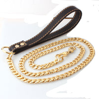 HKM-1654717 Gold Stainless Steel Full Welded NK Chain Leather Traction Leash - Brown & Black Options Available