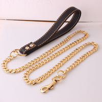 HKM-1654717 Gold Stainless Steel Full Welded NK Chain Leather Traction Leash - Brown & Black Options Available