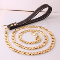 HKM-1654717 Gold Stainless Steel Full Welded NK Chain Leather Traction Leash - Brown & Black Options Available
