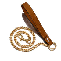 HKM-1654717 Gold Stainless Steel Full Welded NK Chain Leather Traction Leash - Brown & Black Options Available