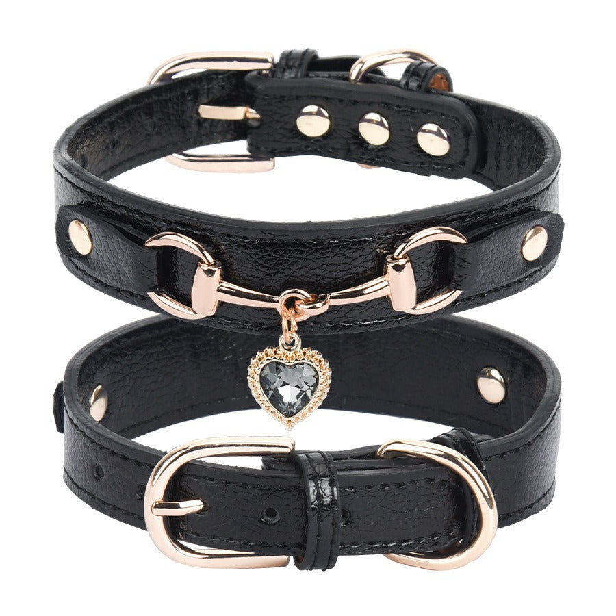 HKM-1656893 Rhinestone PU Leather Dog Collar for Small Breeds in Pink, Black, and Blue