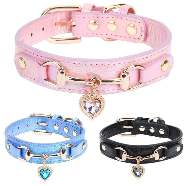 HKM-1656893 Rhinestone PU Leather Dog Collar for Small Breeds in Pink, Black, and Blue