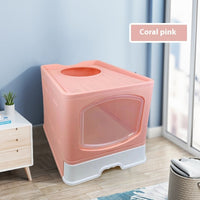 HKM-1658557 Fully Enclosed Plus-Sized Folding Cat Litter Box in Blue, Pink, or Gray - Durable ABS PP Material